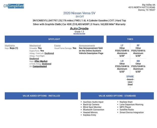 Big Valley Auto Auction Condition Report edit